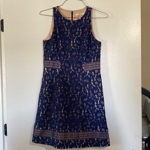Juniors navy lace, fully line in tan dress, size 8, like new, worn once